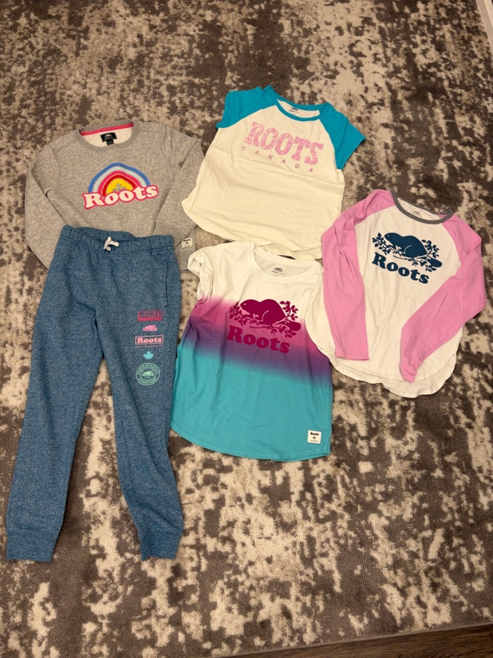 5 piece bundle of Roots Girls' Teal, Pink & Gray Tops with Blue Joggers Bundle